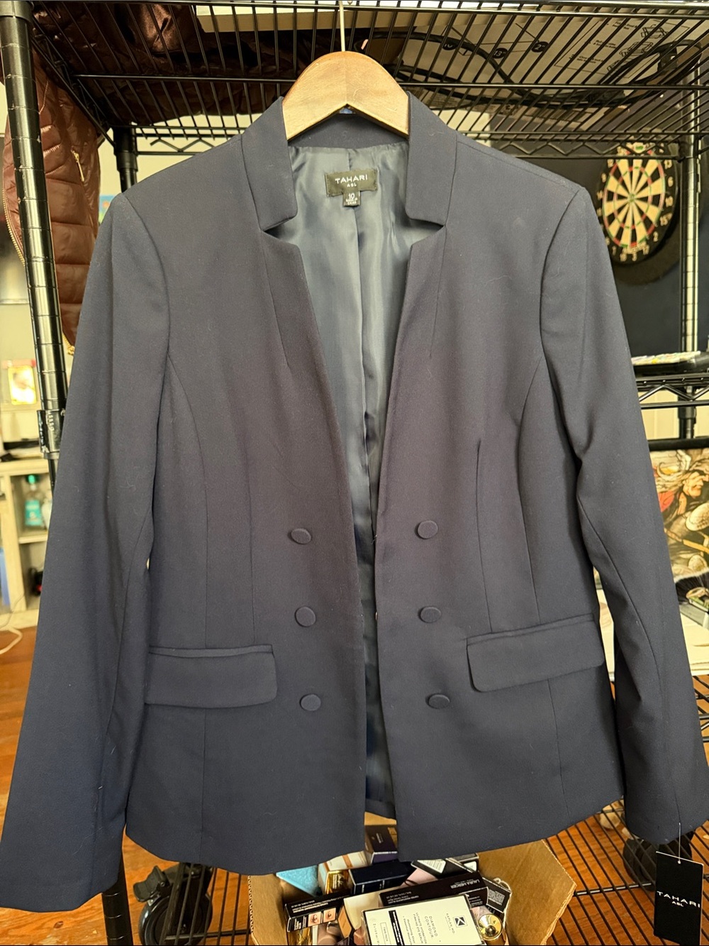 Tahari Navy Double-Breasted Tailored Blazer
